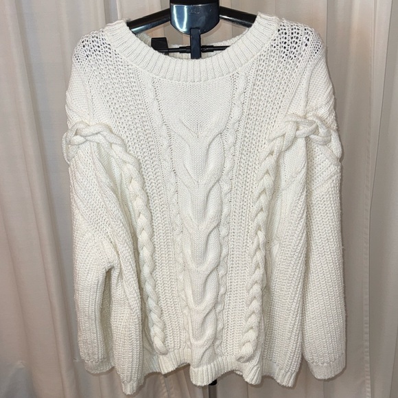 H&M Cream Cable Knit Oversized Sweater Chunky Braided Fisherman Pullover XXL - Picture 3 of 8